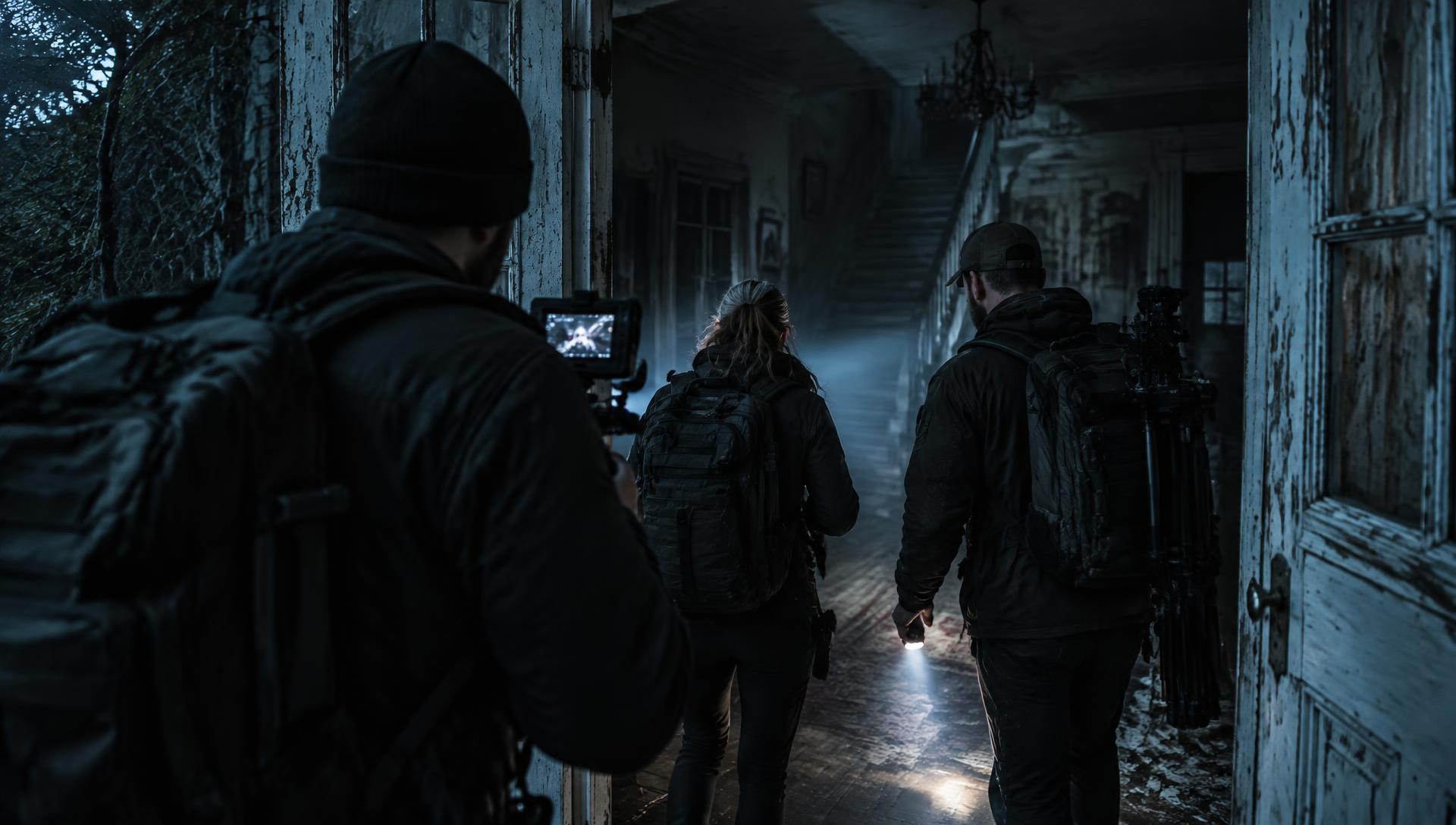 Investigators entering an abandoned house at night